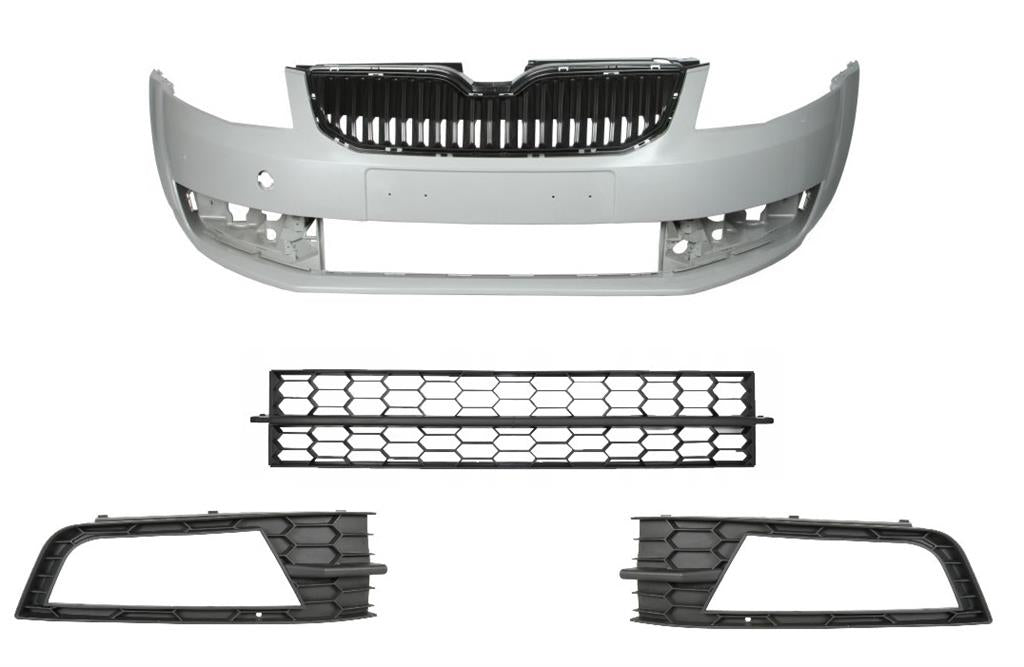 SKODA OCTAVIA 2013-2017 FRONT BUMPER COMPLETE PRIMED WITH ALL GRILLES FOG TYPE