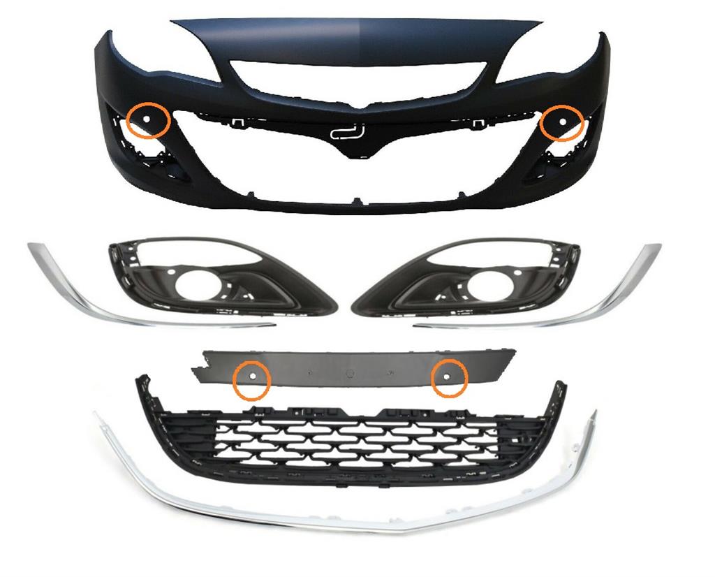 VAUXHALL ASTRA J FRONT BUMPER COMPLETE KIT WITH GRILLES AND SENSORS 2012 - 2015