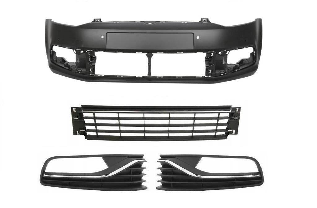 VW POLO 2014 - 2018 FRONT BUMPER WITH 3 LOWER GRILLES 4 PARKING SENSOR HOLES